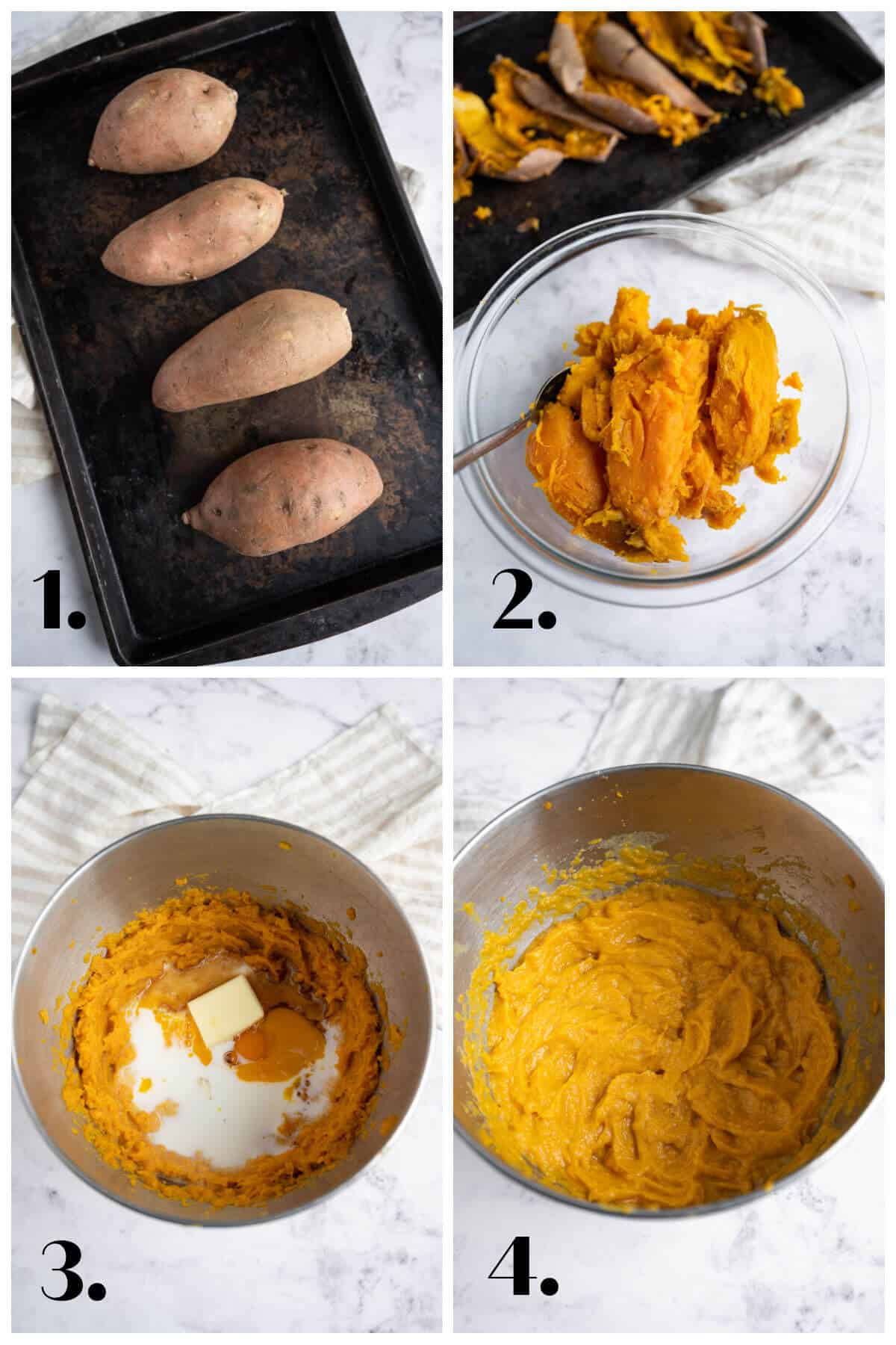 4-image collage showing how to make whipped sweet potato casserole.