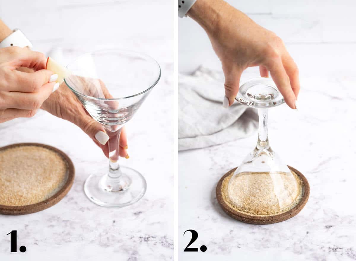 2 image collage showing how to rim a cocktail glass in sugar.