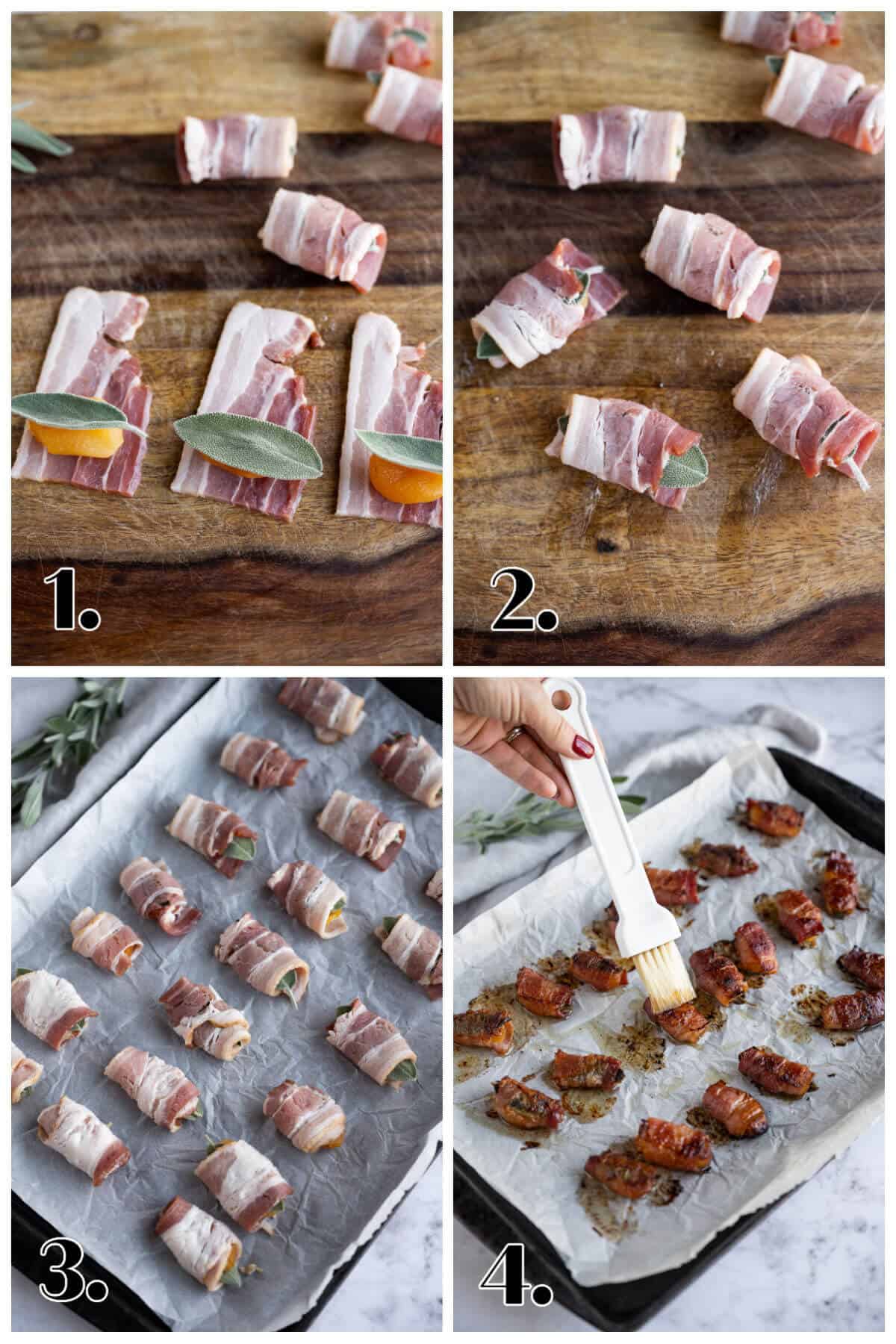 4 image collage showing how to make bacon wrapped appetizers.