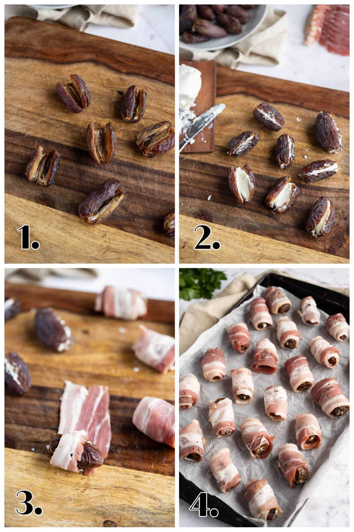4 image collage showing the steps to make bacon wrapped dates stuffed with goat cheese.