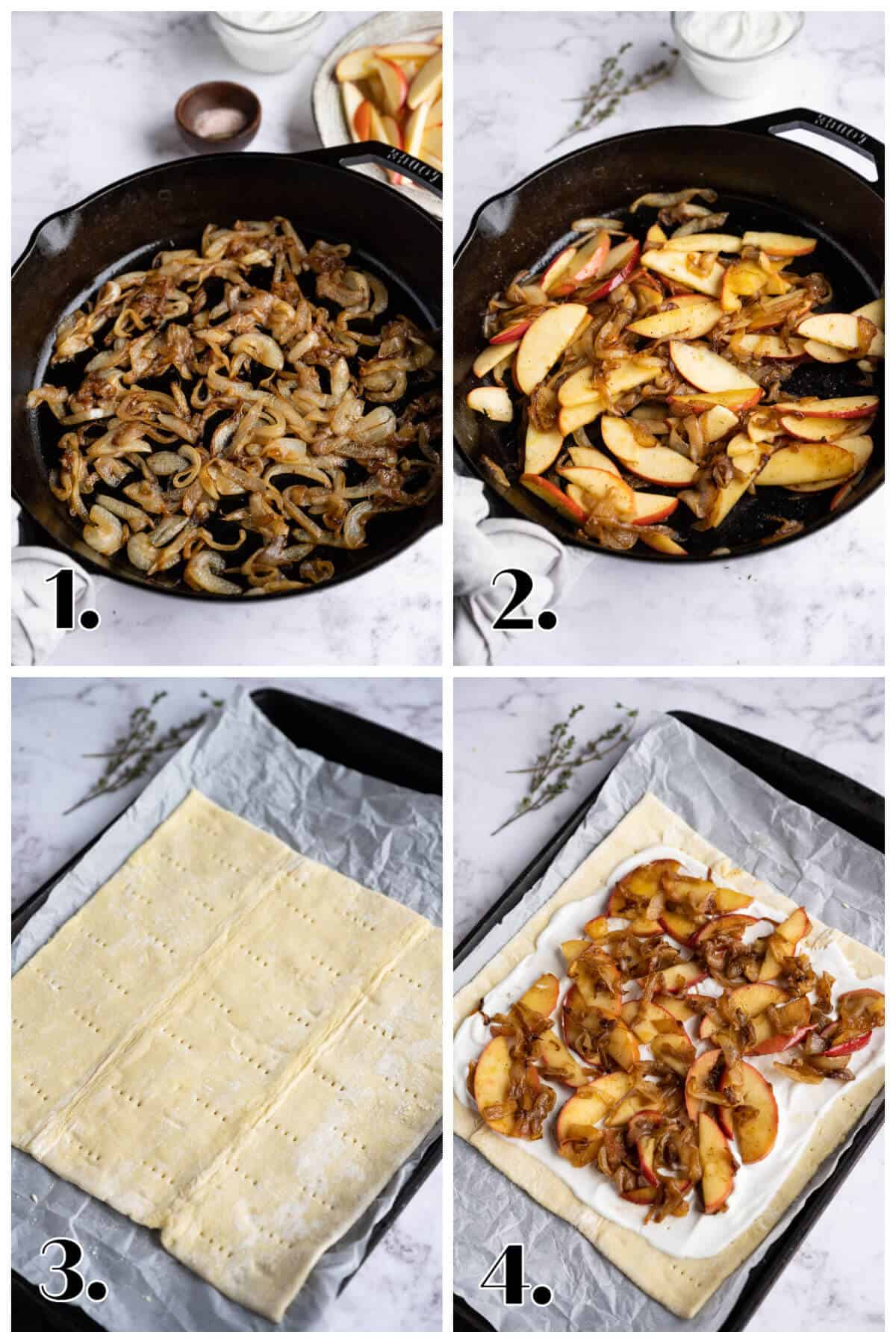 4 image collage showing the steps to make puff pastry onion tart.
