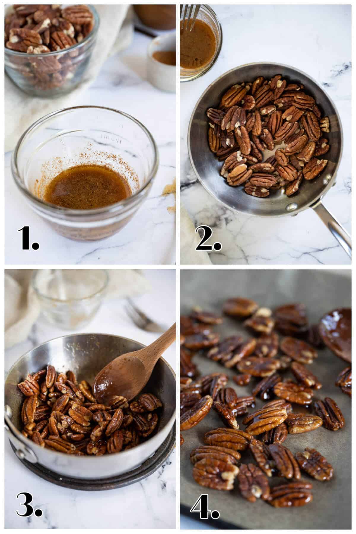 4 image collage showing steps to make Keto candied pecans; mix sauce, toast pecans, add sauce and stir, lay pecans on parchment paper.