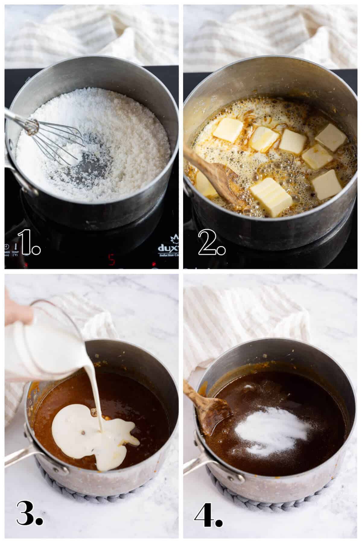4-image collage showing steps to making homemade caramel: Melt sugar, add butter, add, cream, add salt.