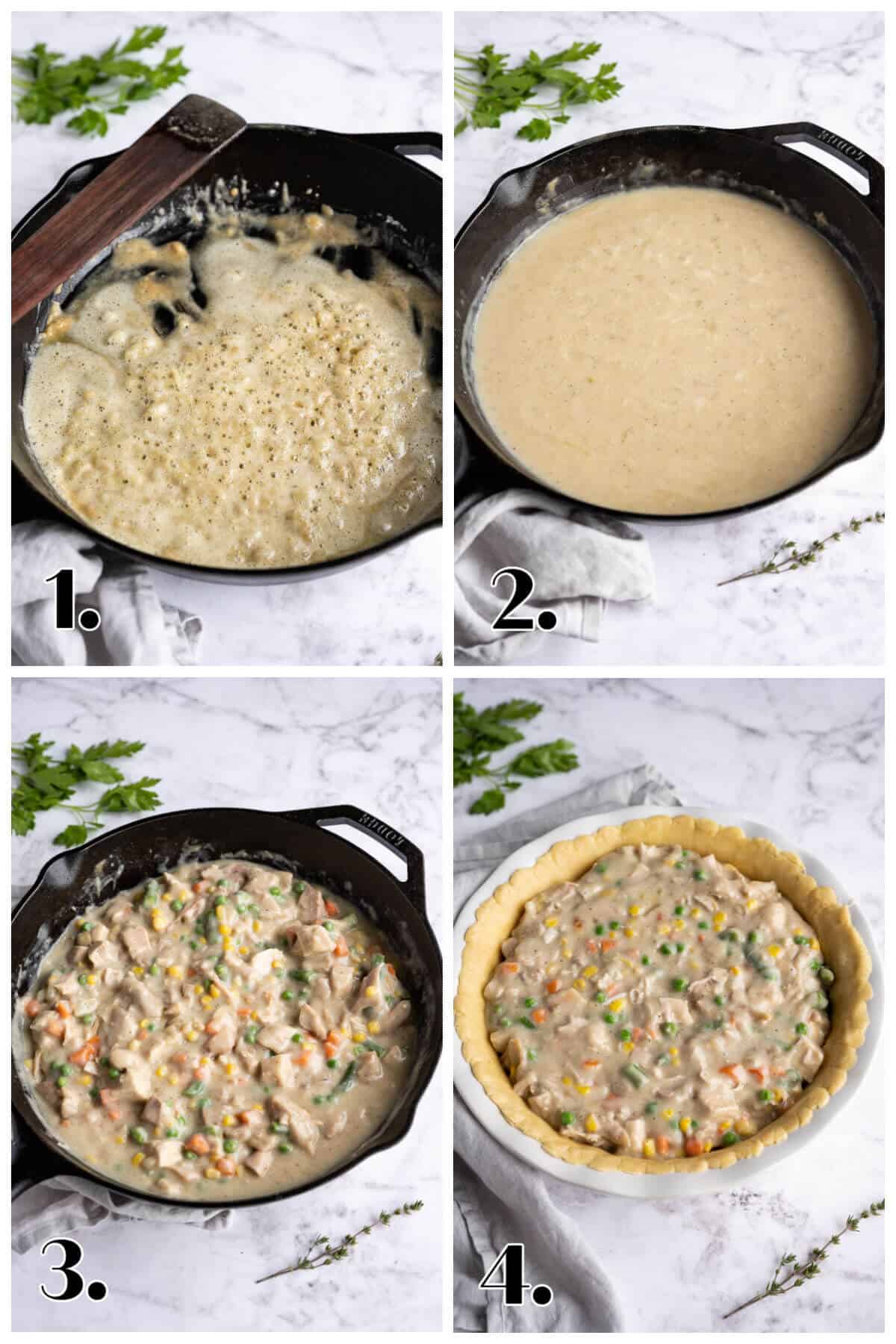 4 image collage showing the steps to make turkey pot pie filling from scratch.