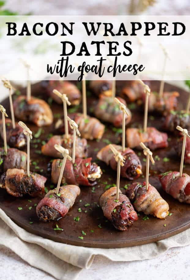 Goat cheese stuffed dates, wrapped in bacon, on a round serving platter with toothpicks. via @artfrommytable