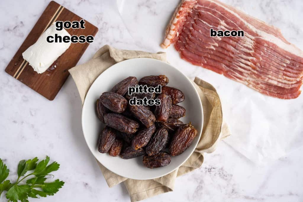 Ingredients for bacon wrapped dates with goat cheese.