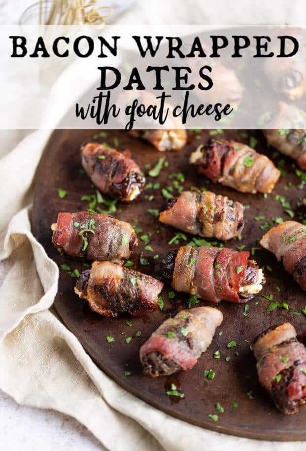 Goat cheese stuffed dates, wrapped in bacon, on a round serving platter. via @artfrommytable