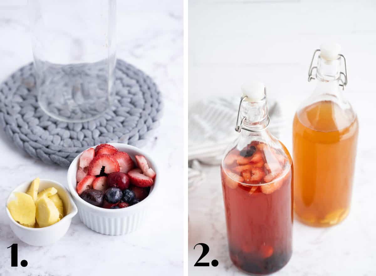 2 image collage showing how to bottle and flavor kombucha in a second fermentation.