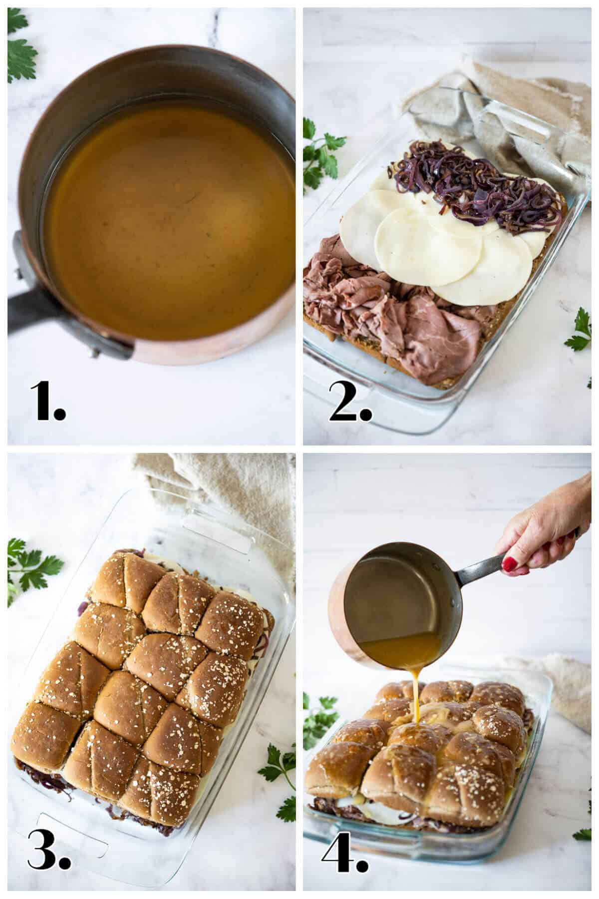 4 image collage showing how to make beef sliders with cheese and caramelized onions.