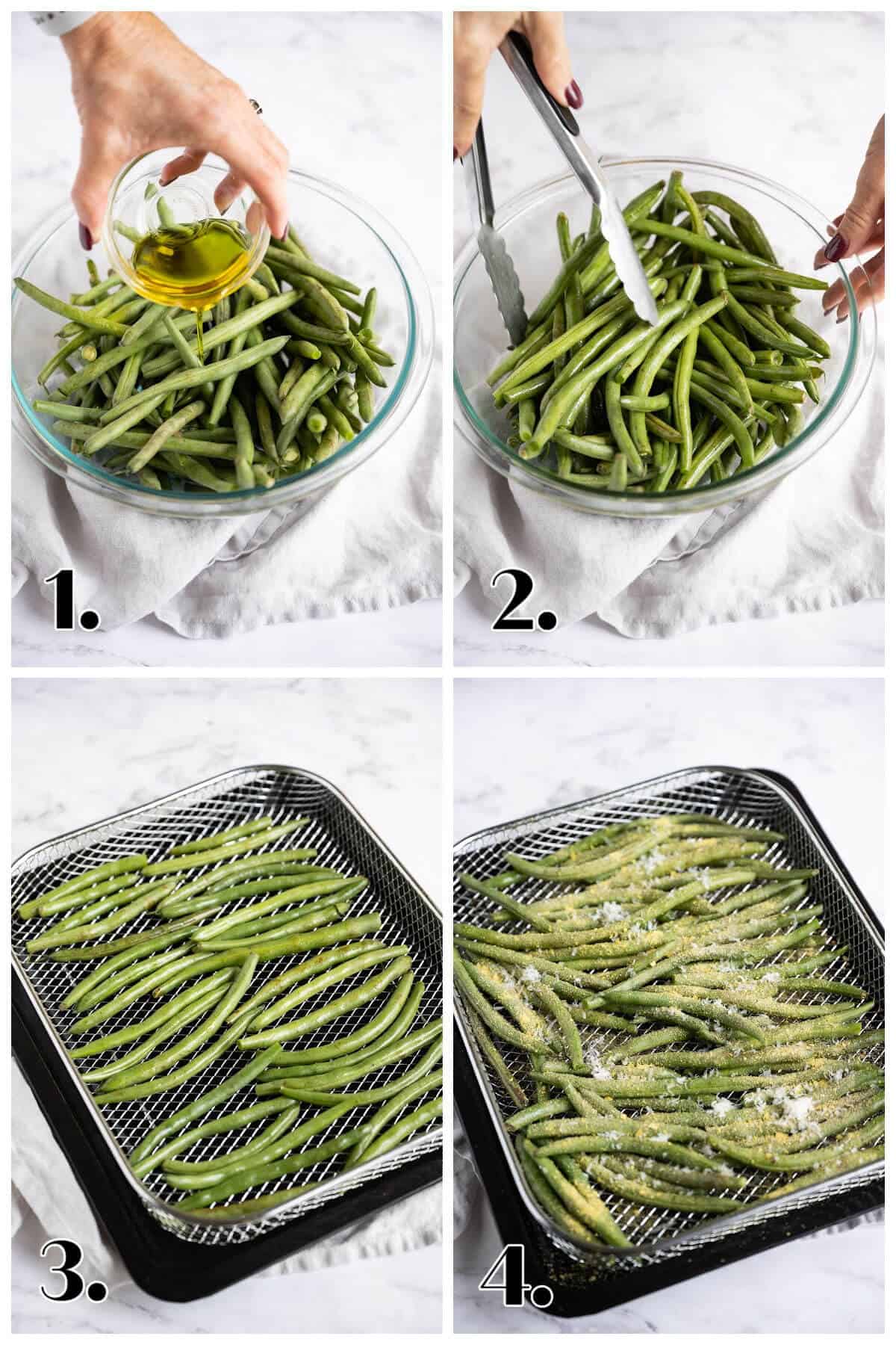 4 image collage showing the steps to cooking fresh green beans in an air fryer.