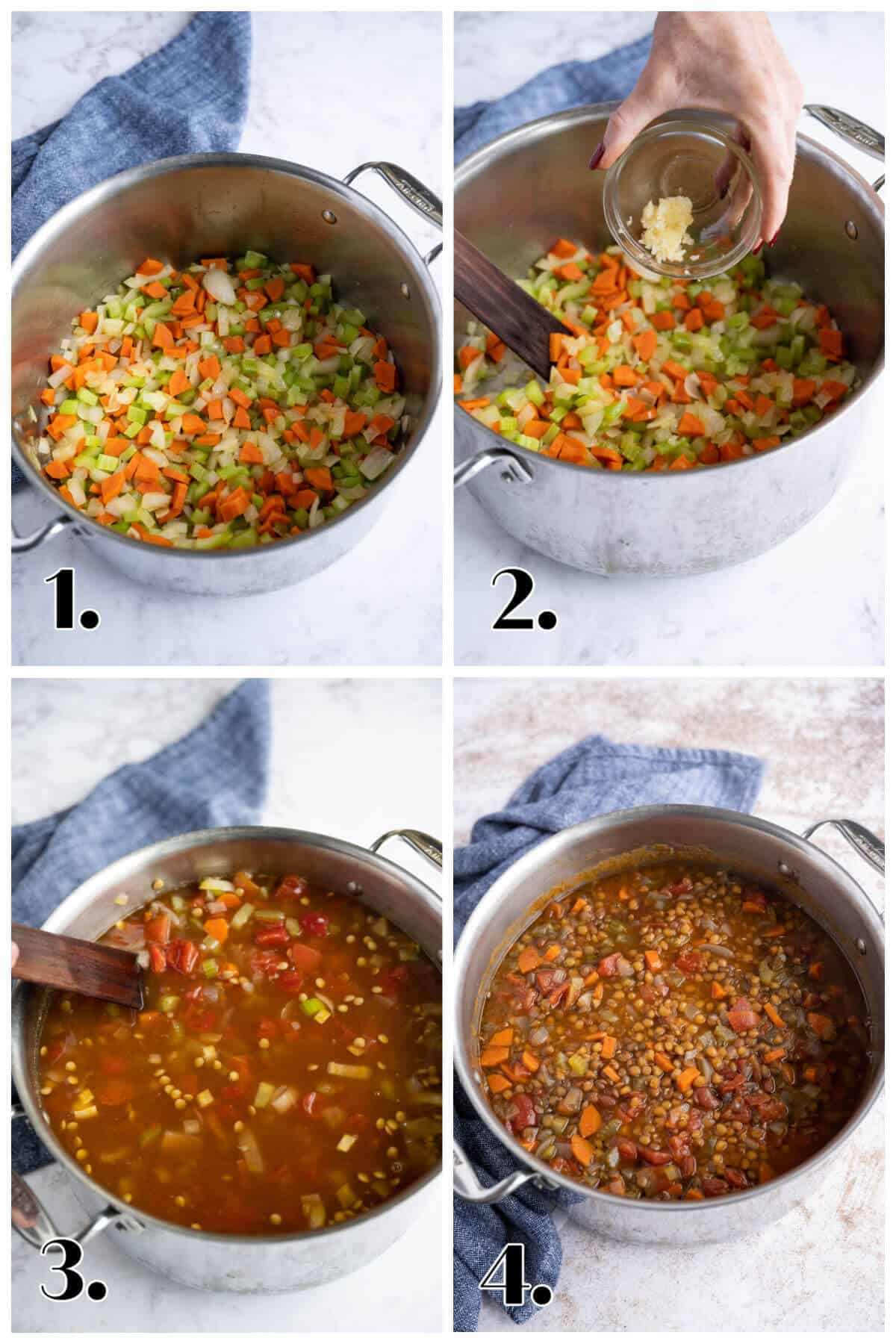 4 image collage showing the steps to make lentil soup.