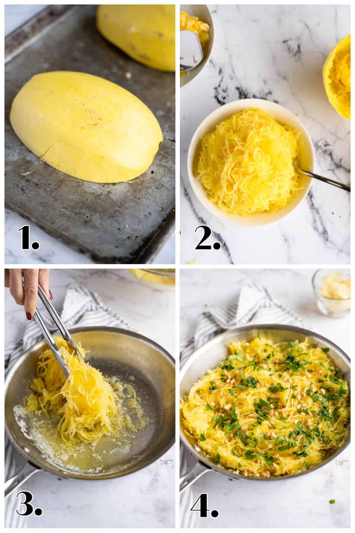 4 image collage showing the steps to make keto spaghetti squash
