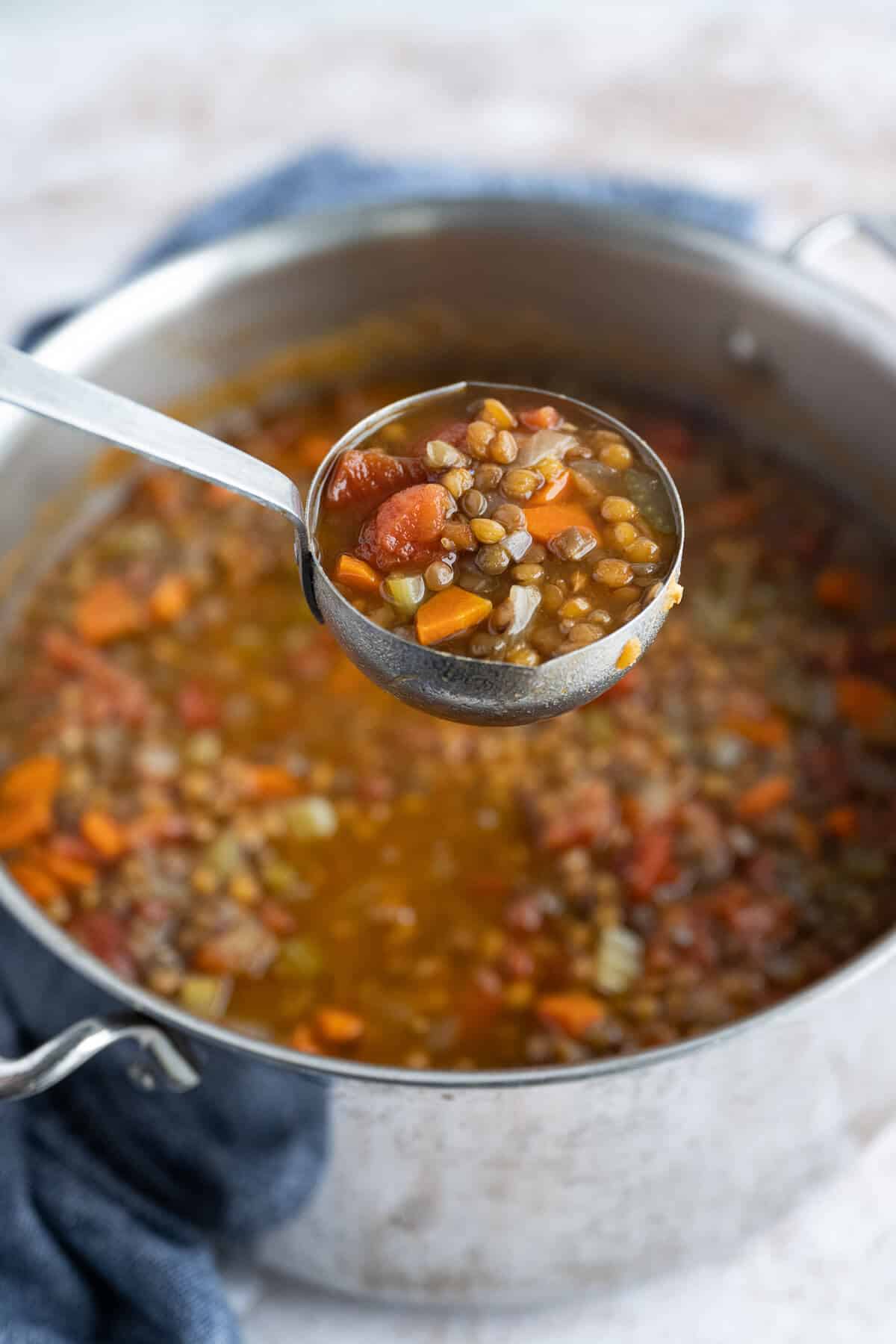 A ladle full of Lentil Soup over a pot of it.