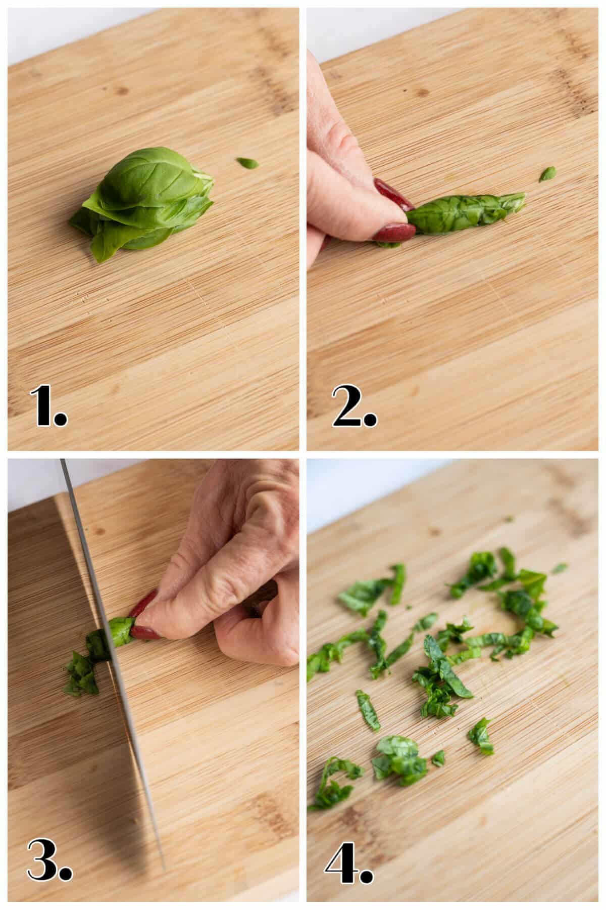 4 image collage showing how to chiffonade basil