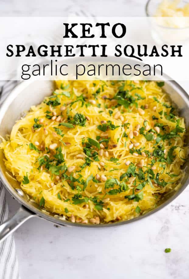 Cooked spaghetti squash in a skillet with toasted pine nuts and fresh herbs. via @artfrommytable