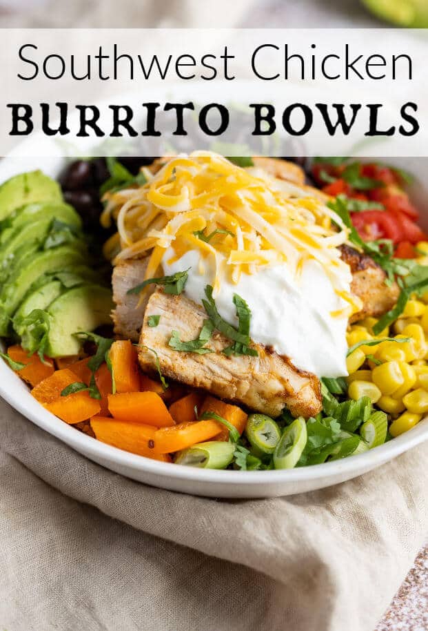 Mexican grilled chicken with veggies and quinoa in a white bowl. via @artfrommytable