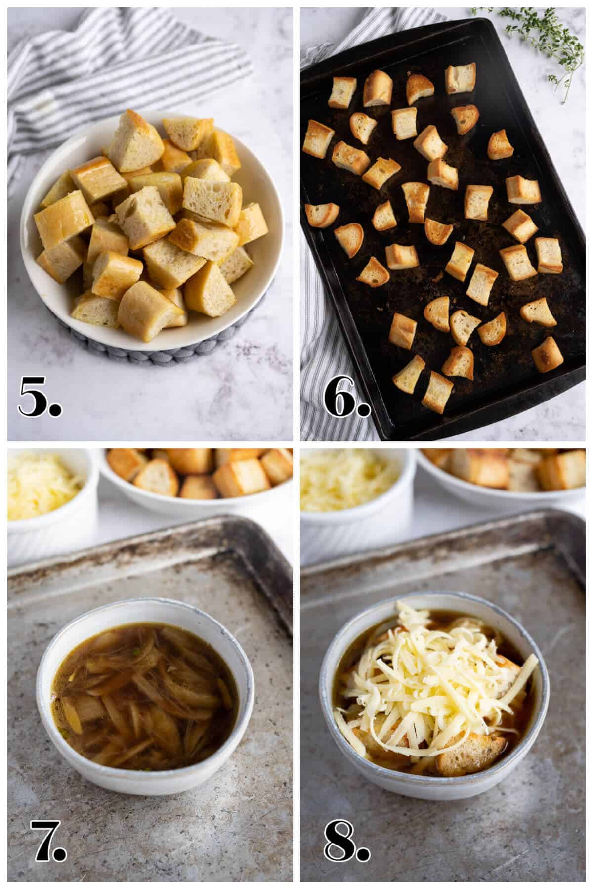 4 image collage showing the steps to finish French onion soup like Panera.