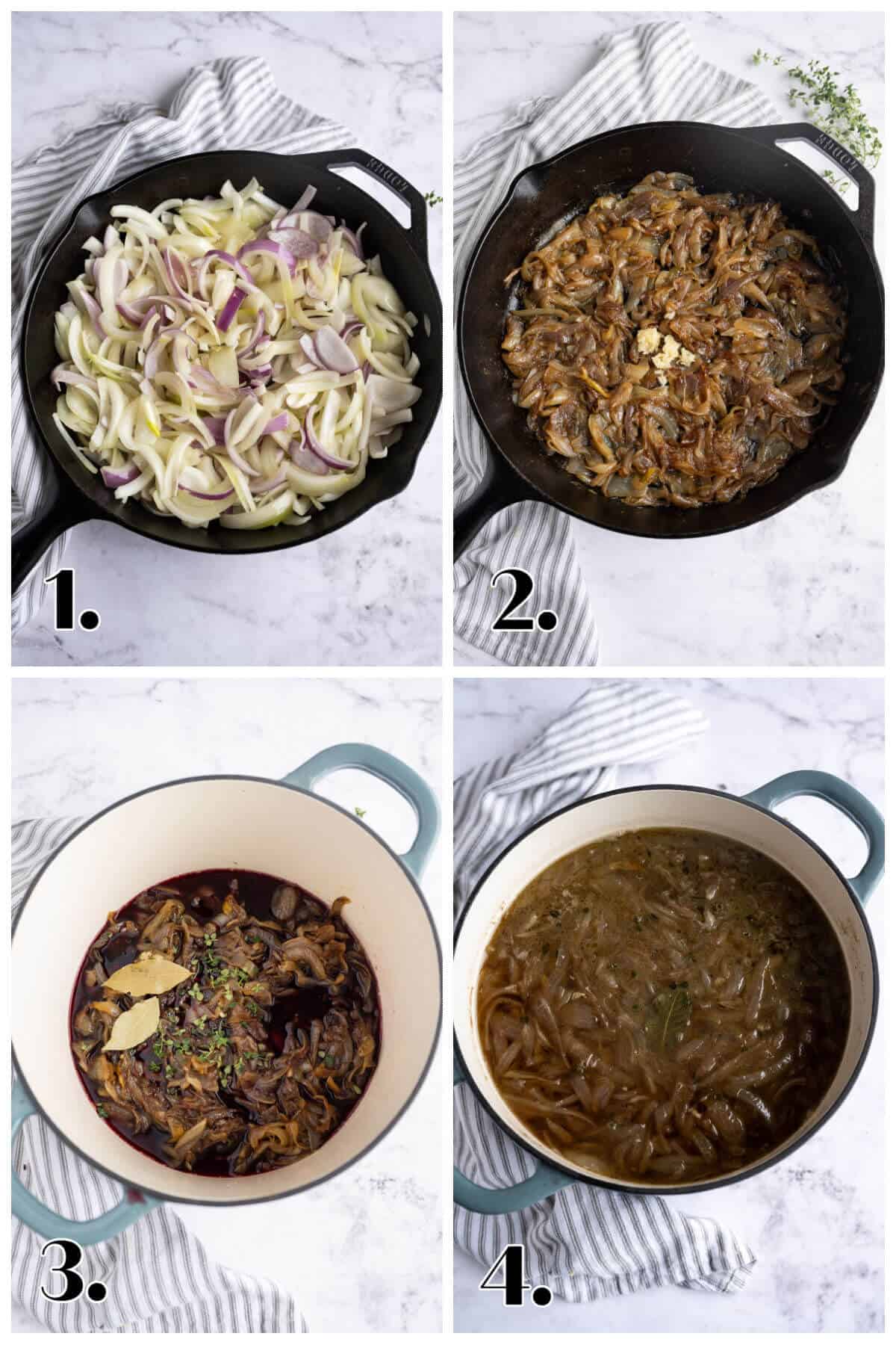 4 image collage showing the first 4 steps to make French onion soup at home.