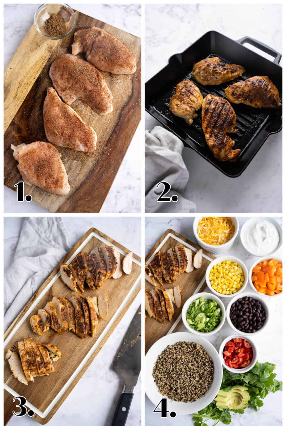 4 image collage showing the steps to make chicken quinoa bowls