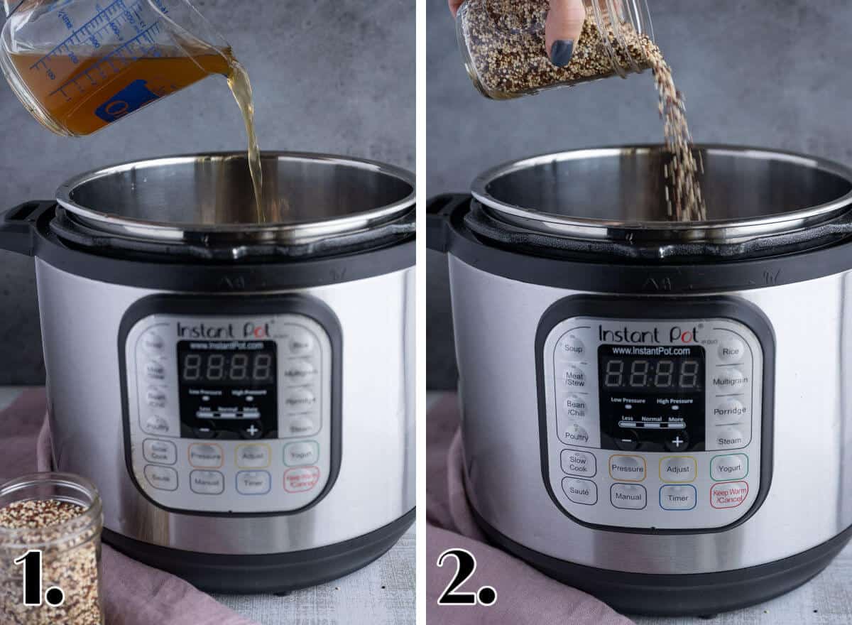 2 image collage showing steps to make quinoa in the instant pot.