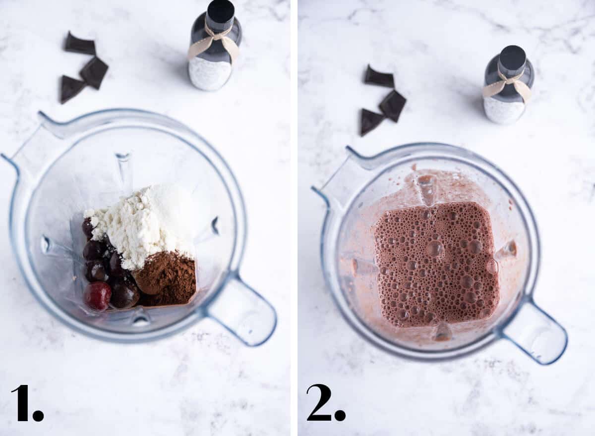 2 image collage showing how to make a smoothie.