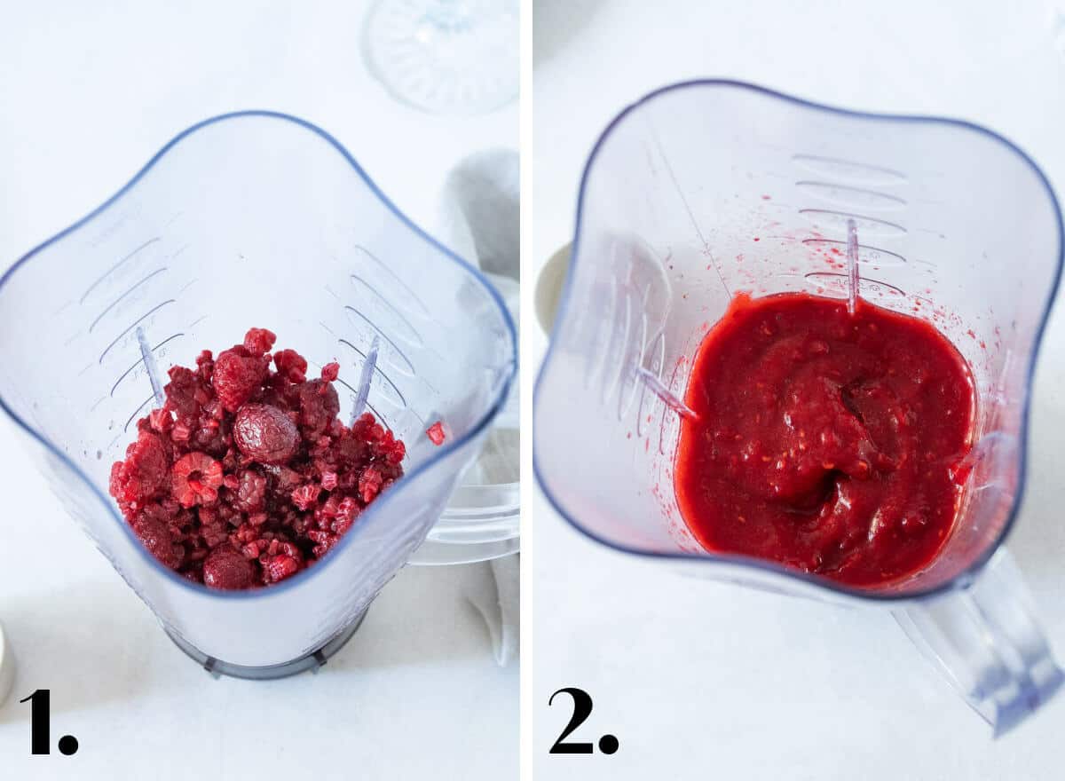 2 Image collage showing how to make a frozen raspberry daiquiri in a blender.