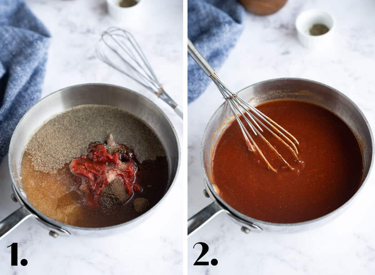 2 image collage showing how to make bbq sauce. First image, ingredients in the pan, second image ingredients are whisked together.