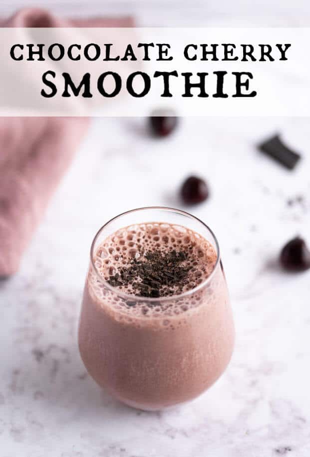 Dark Cherry Smoothie with chocolate in a stemless wine glass garnished with shaved dark chocolate. via @artfrommytable