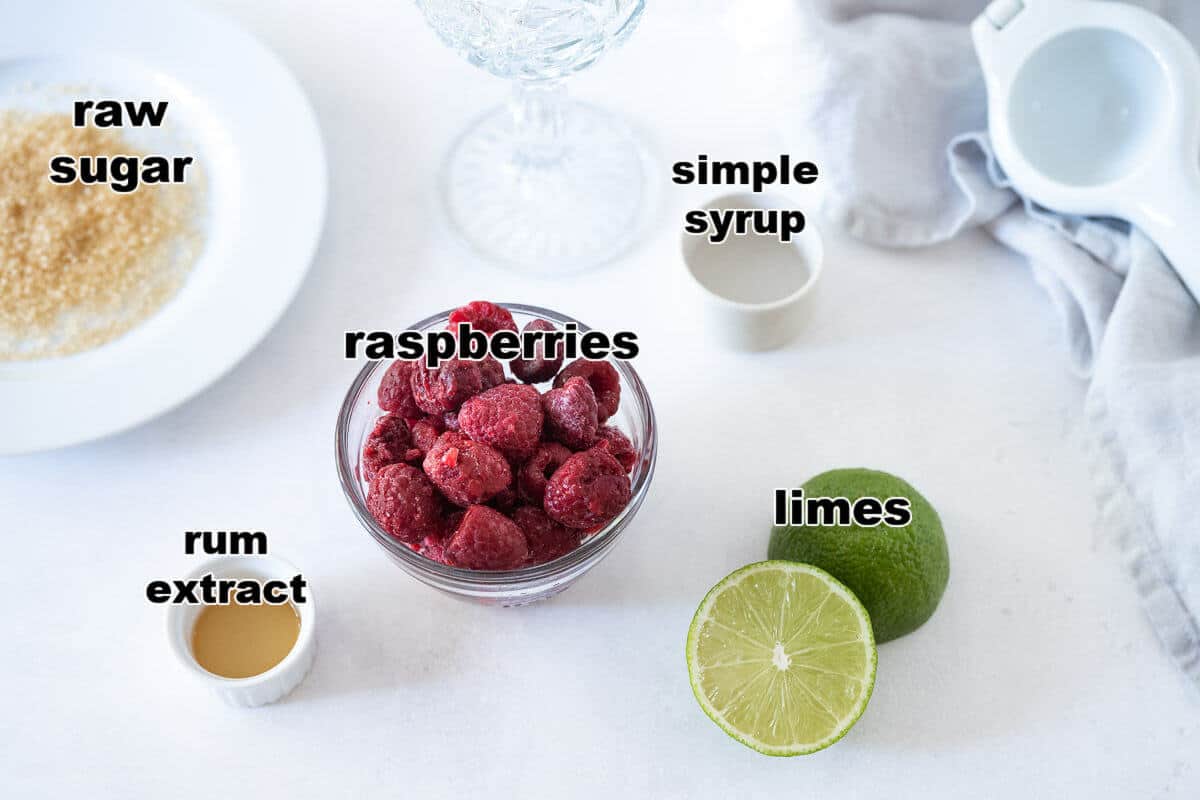 Ingredients to make a virgin frozen raspberry daiquiri