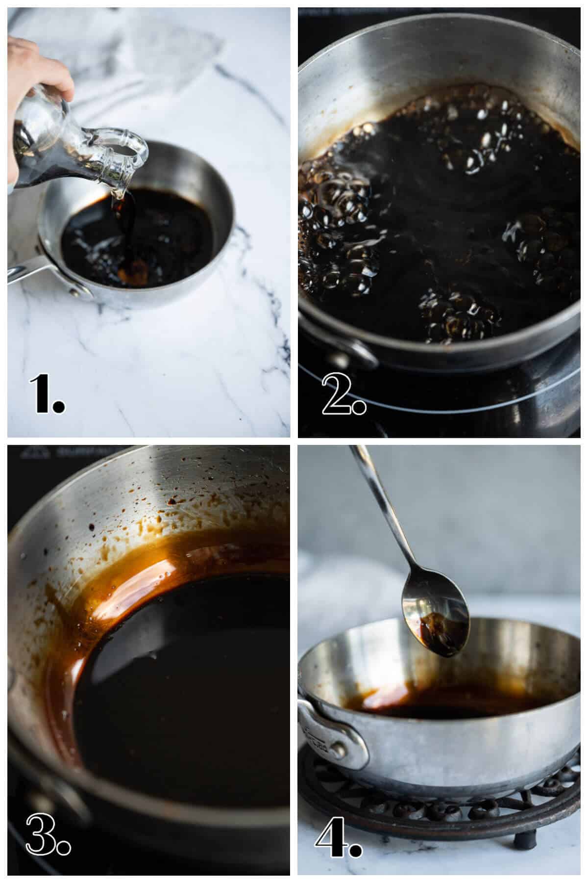 4 image collage showing the steps to making balsamic reduction. 1- vinegar in saucepan. 2- boiling vinegar. 3- reduced vinegar in a saucepan. 4-reduction sauce coating a spoon.