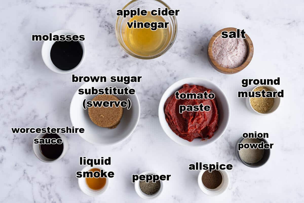 Ingredients to make a Keto or sugar free barbecue sauce.