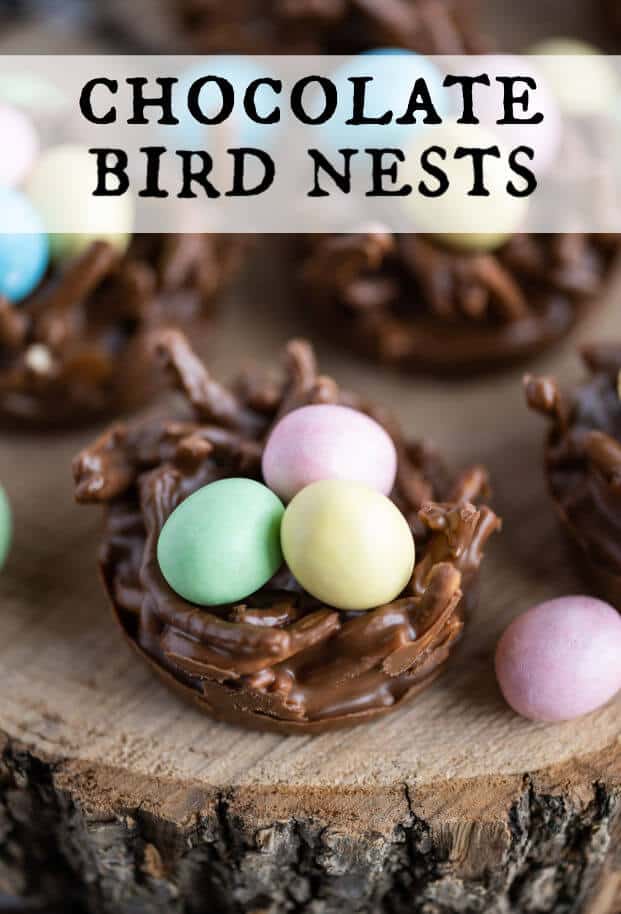Edible Birds Nest made out of chocolate and chow mein noodles, filled with pink, yellow, green, and blue candy eggs. via @artfrommytable