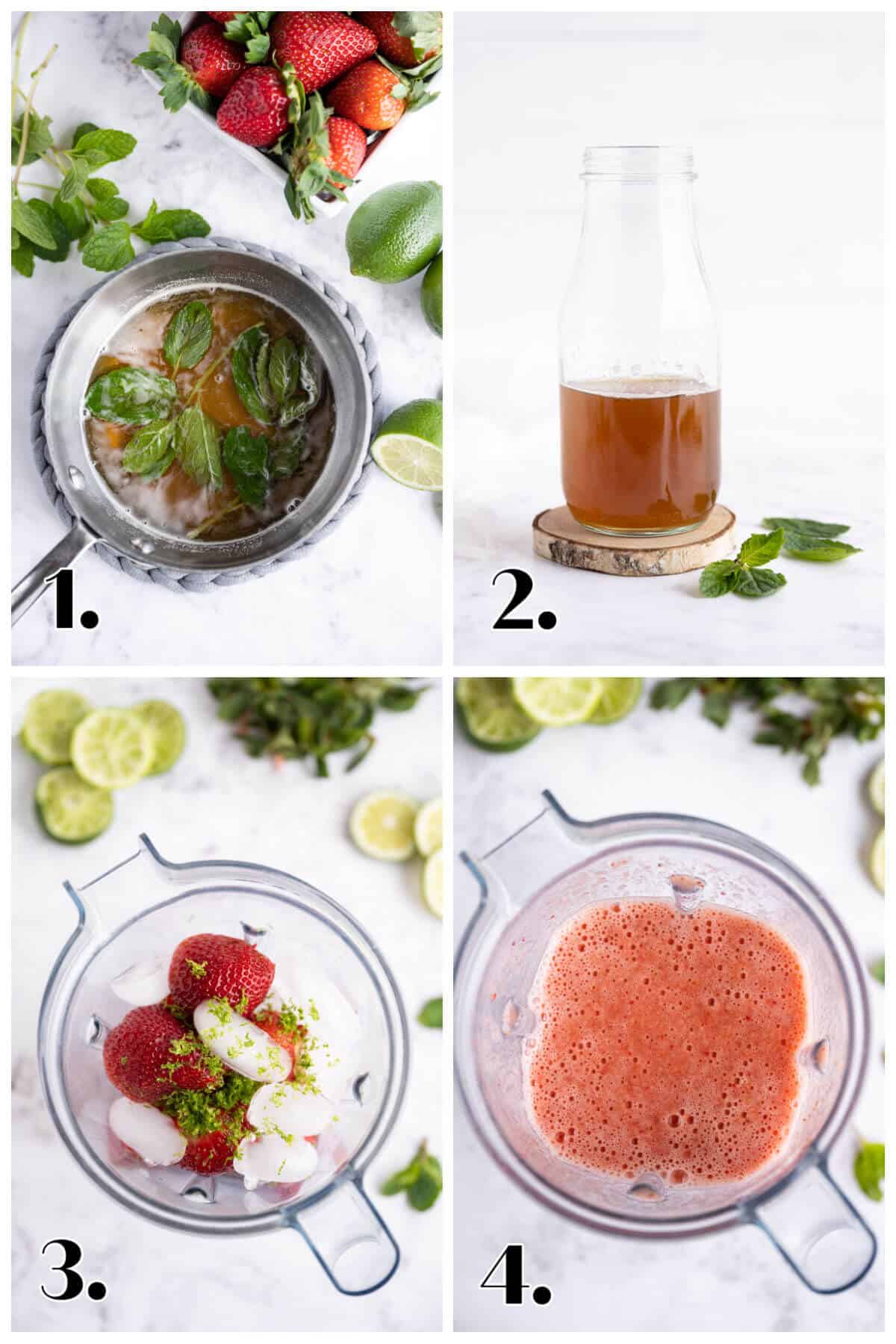 4 image collage showing how to make strawberry mocktails in 4 steps.