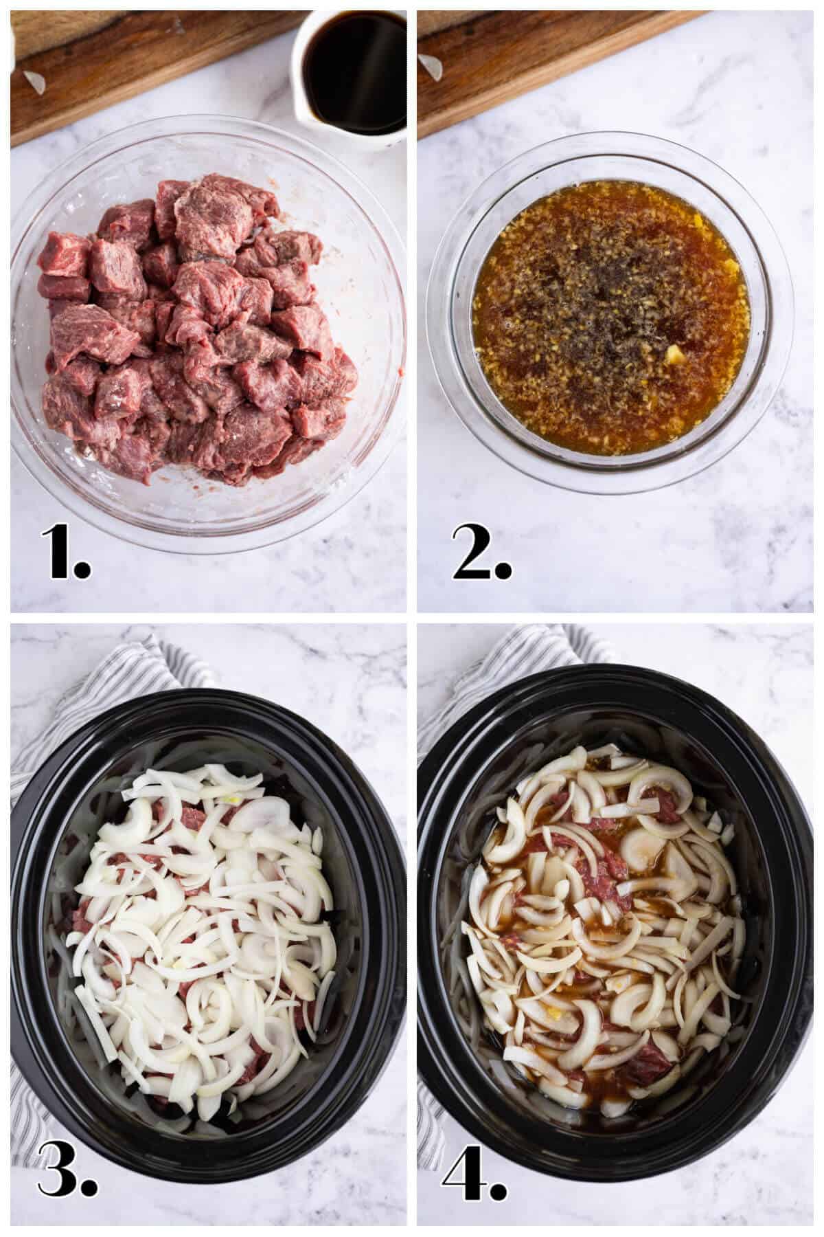 4 image collage showing steps to make Mongolian Beef in the slow cooker.