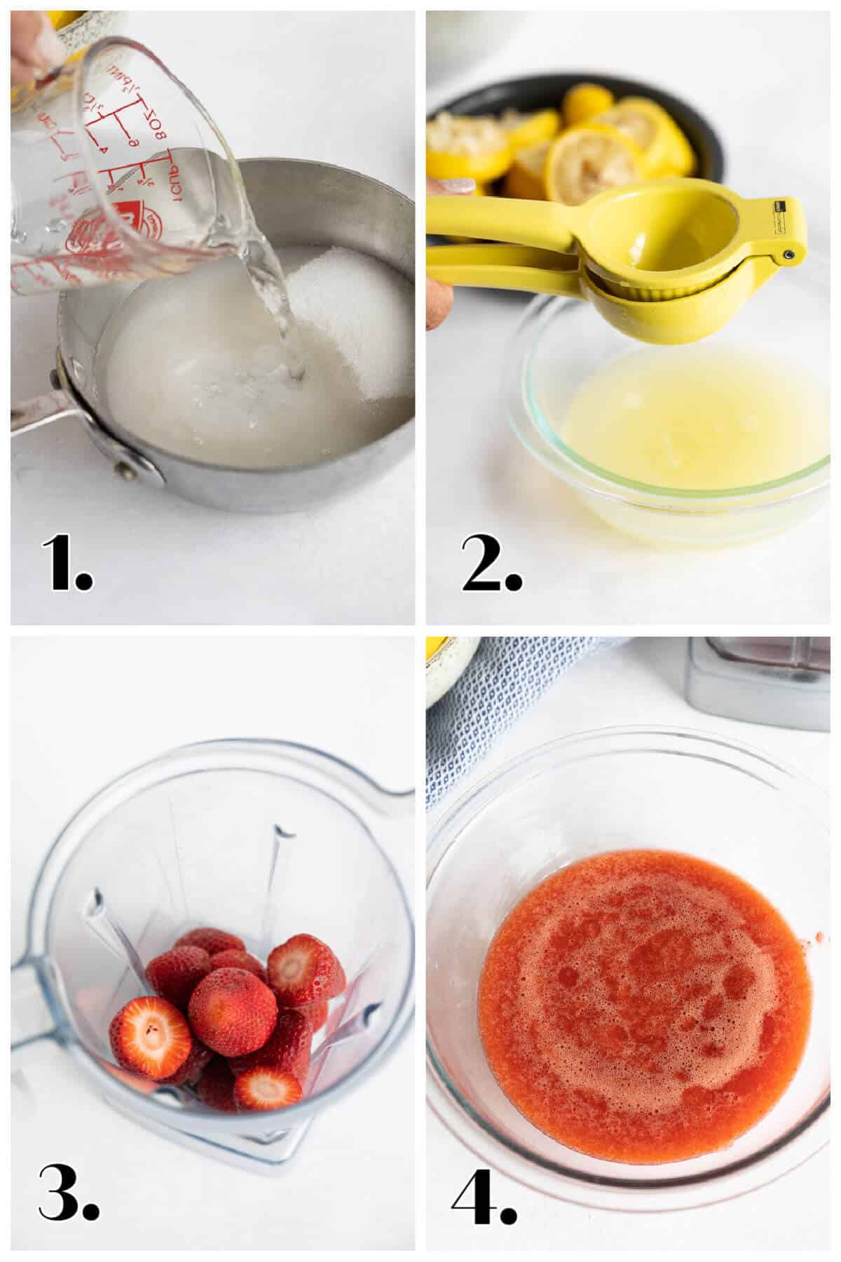 4-image collage showing steps to make strawberry lemonade. 1-make simple syrup; 2-juice lemons; 3-place strawberries in a blender; 4-puree the strawberries.