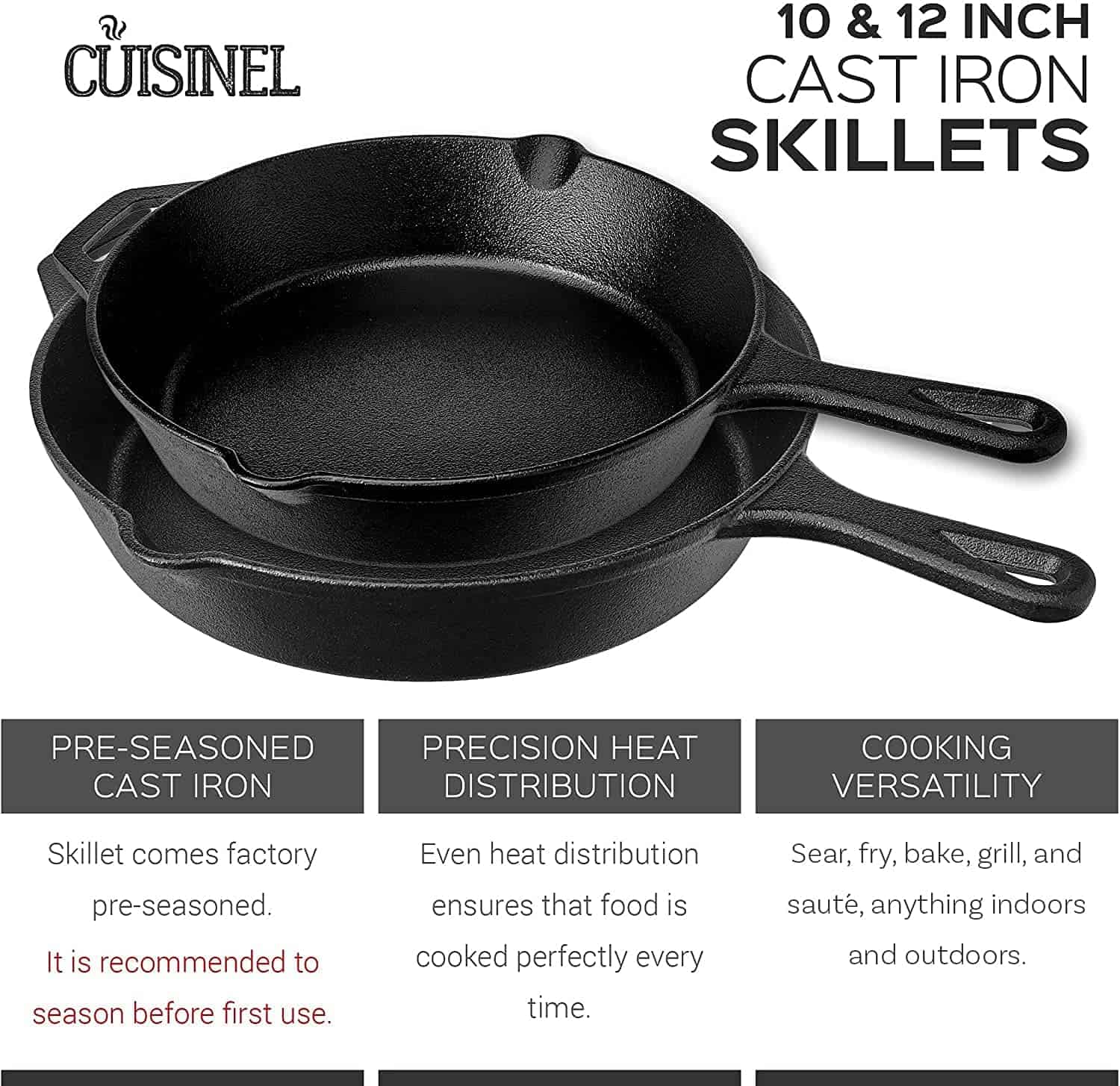Two Cuisinel cast iron skillets stacked on top of each other. Image also lists main points.