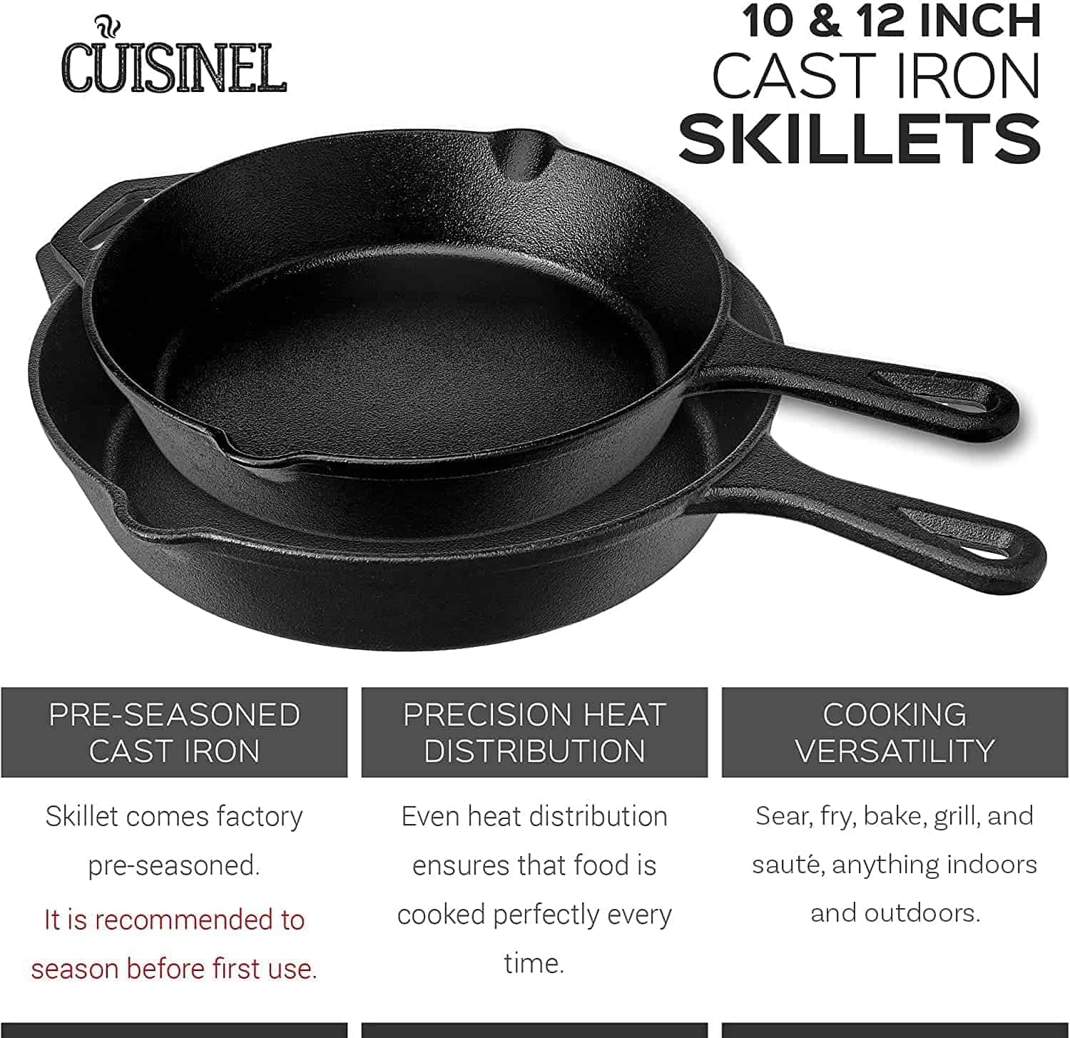 Choice 3-Piece Pre-Seasoned Cast Iron Skillet Set - Includes 8, 10 1/4,  and 12 Skillets