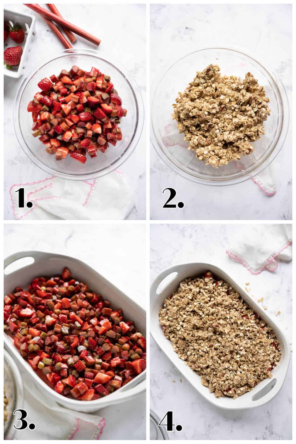Collage showing steps to make rhubarb strawberry crisp. 1- make filling; 2- make topping; 3- put filling in 9x13 dish; 4- add topping.