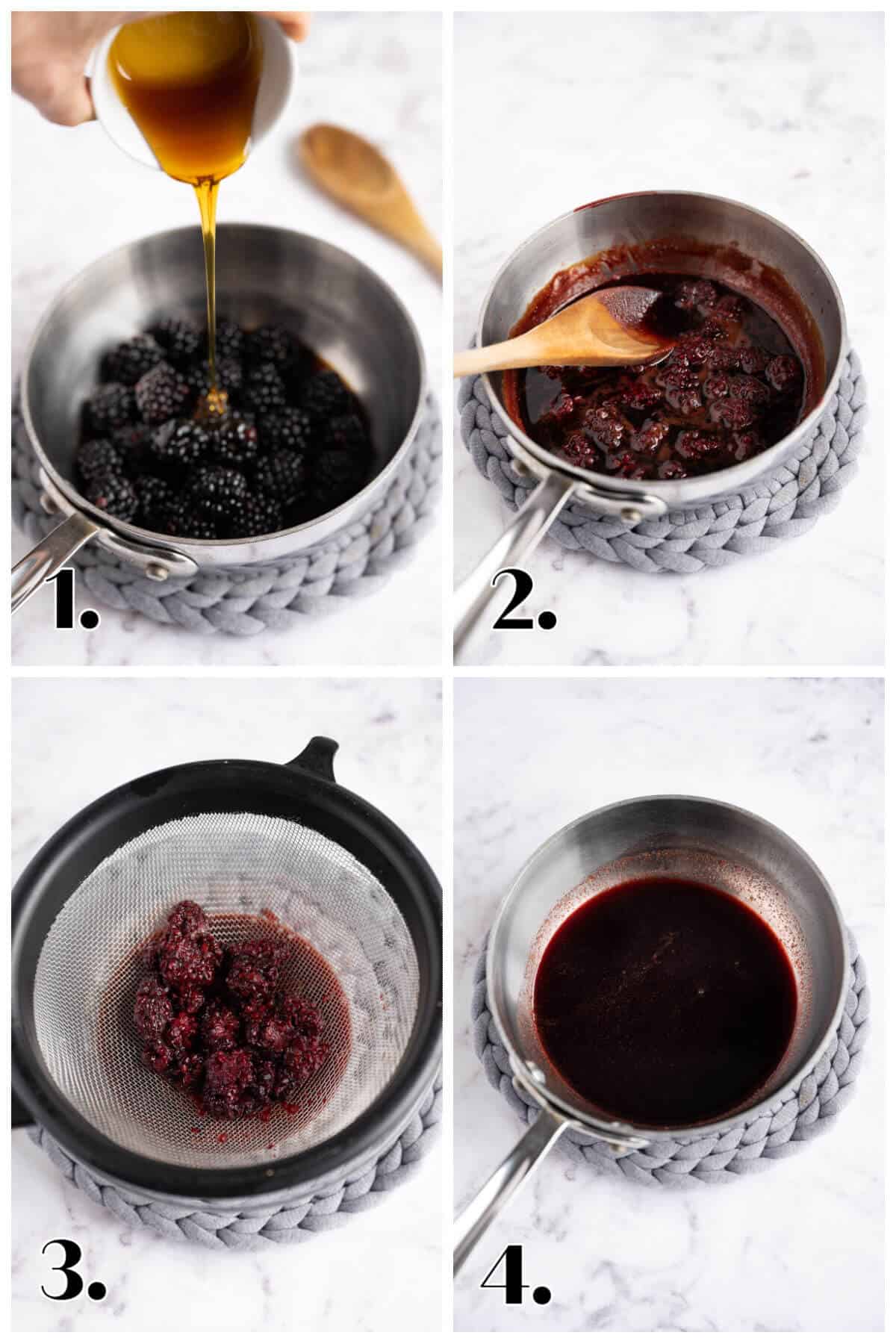 4 image collage showing how to make a blackberry balsamic reduction sacue