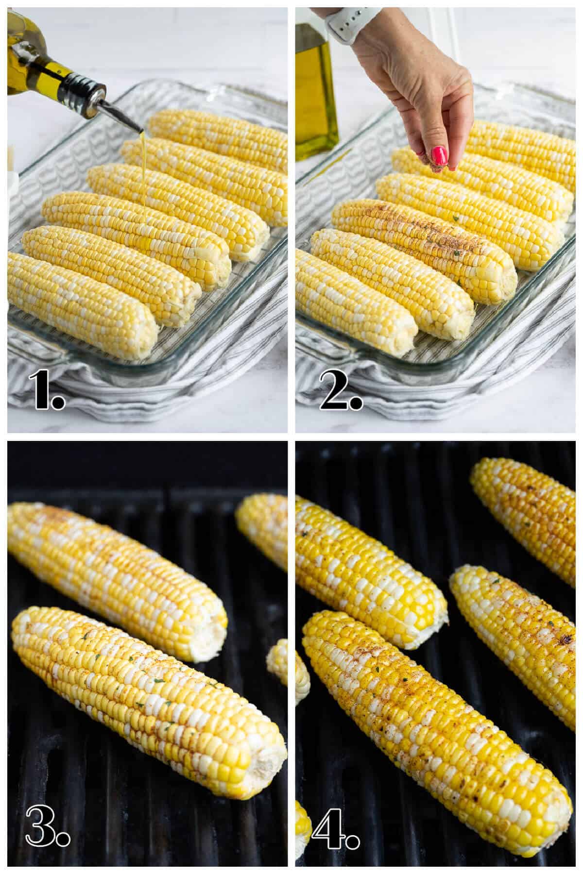4 image collage showing how to grill corn on the cob.