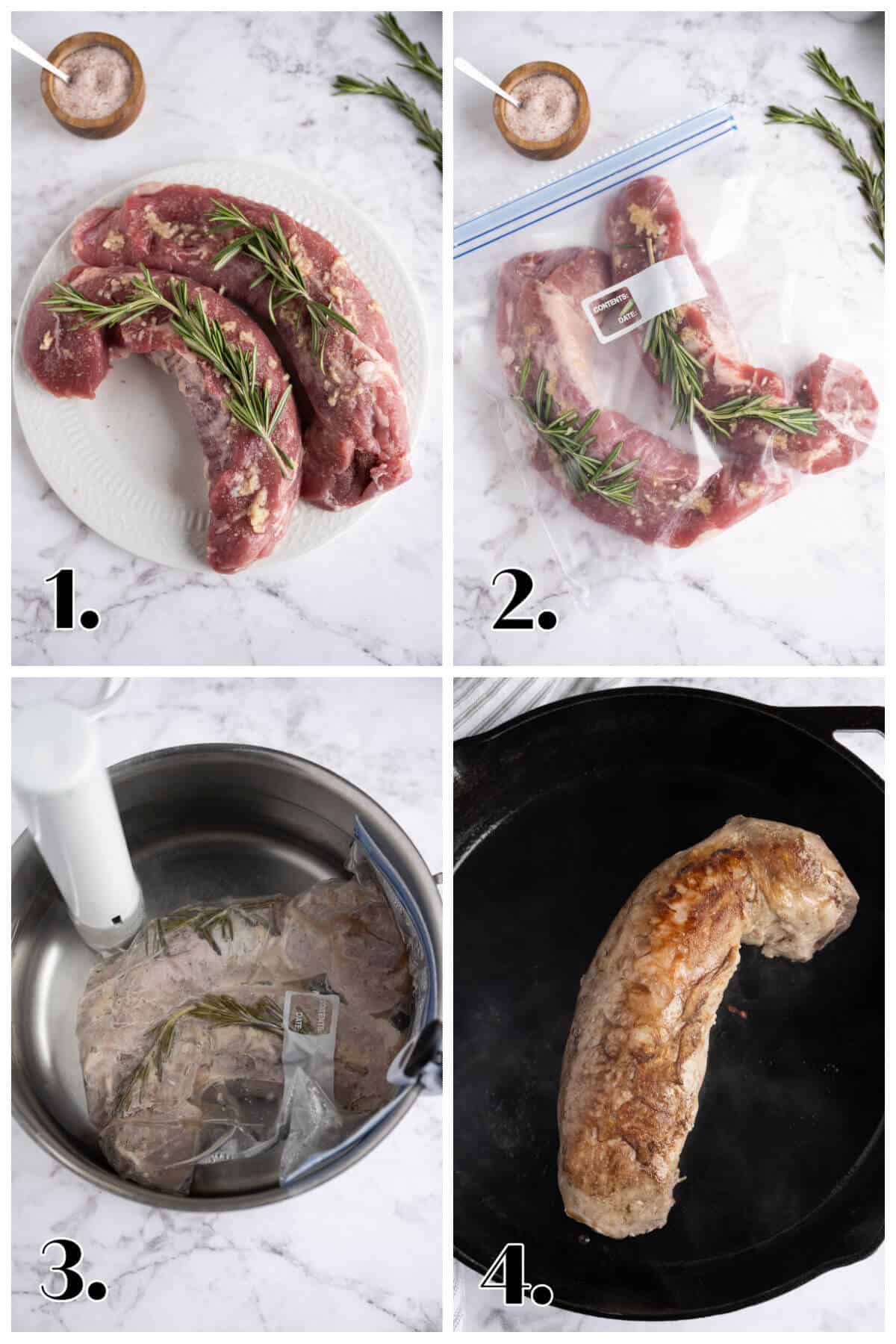4 image collage showing how to prepare pork tenderloin with sous vide method