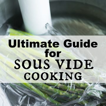 Sous Vide water bath with asparagus cooking in it. Text overlay: Ultimate Guide fro Sous Vide Cooking.