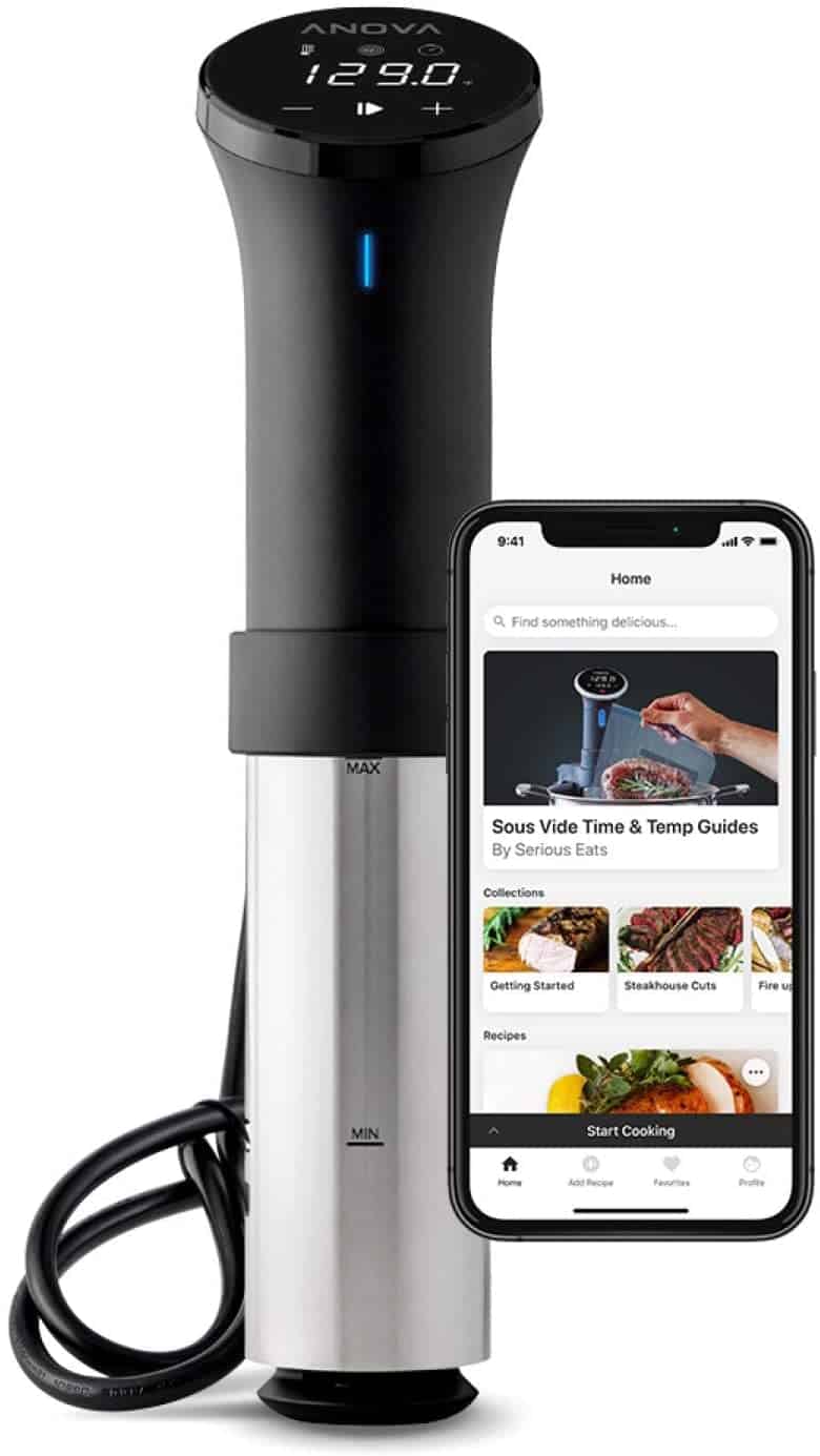 Anova brand sous vide wand next to a smart phone showing the app.