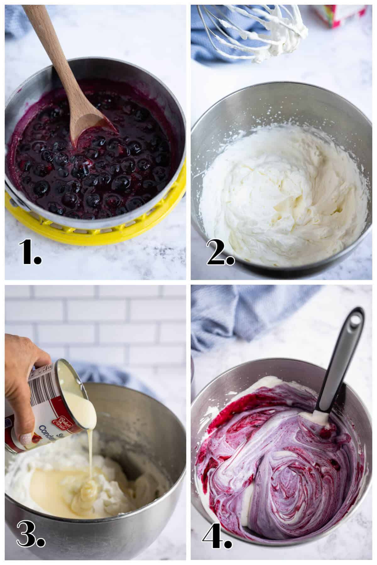 4 image collage highlighting steps to make blueberry ice cream: 1-cook down blueberries; 2-whip cream; 3-stir in sweetened condensed milk; 4-stir in cooled blueberry sauce.
