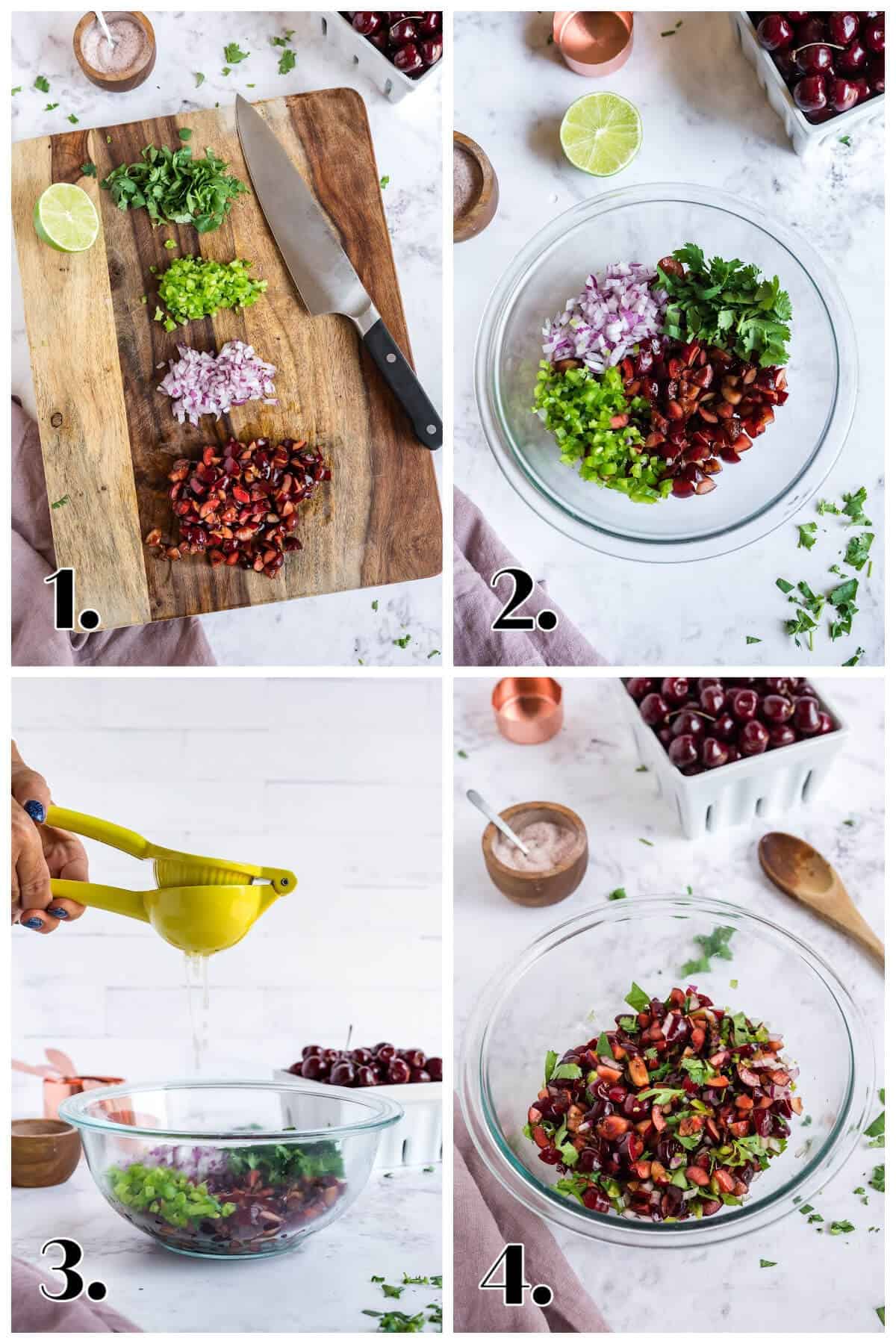 4 image collage showing how to make cherry salsa. 1-chop veggies; 2-place in a bowl, 3- squeeze limes over mixture, 4-stir together.