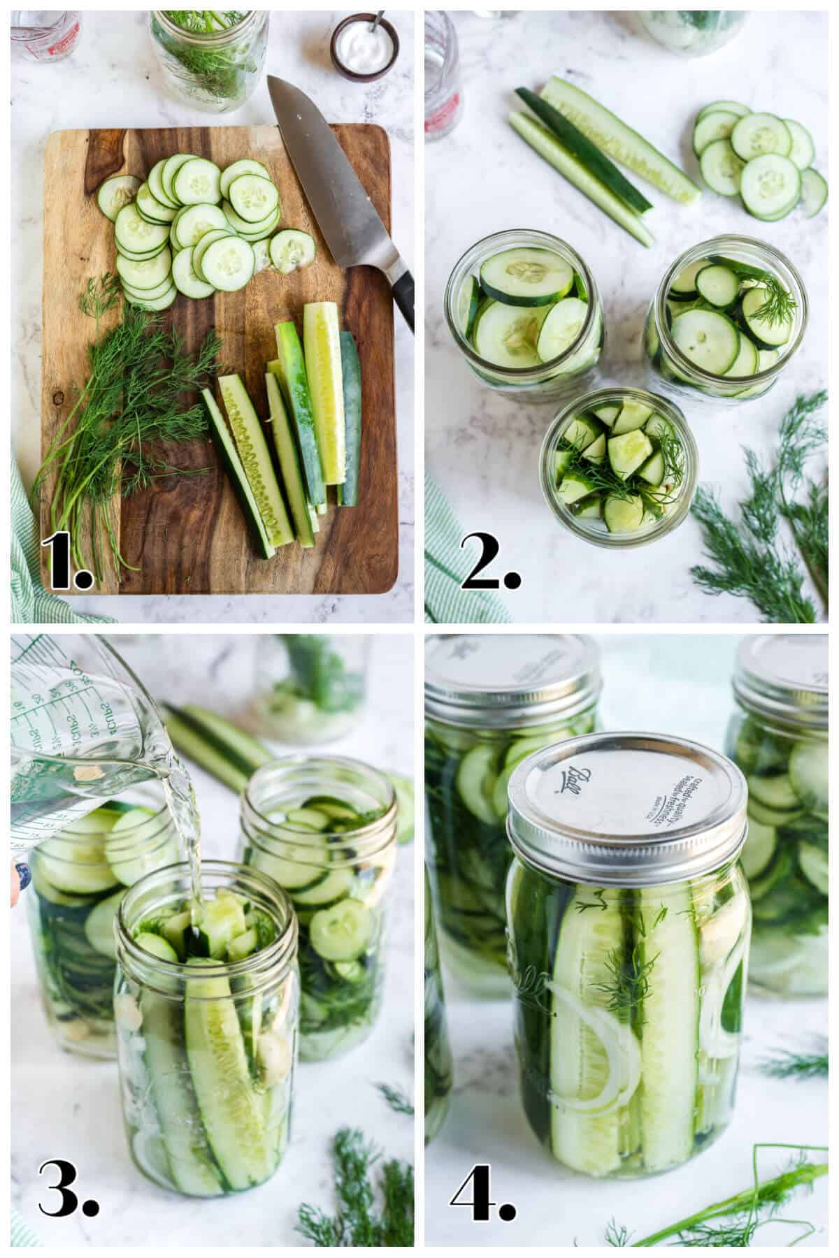4 image collage showing how to make overnight pickles. 1- cut cucumbers and veggies; 2-place in jars; 3- fill jar with vinegar solution; 4-cover and refrigerate.