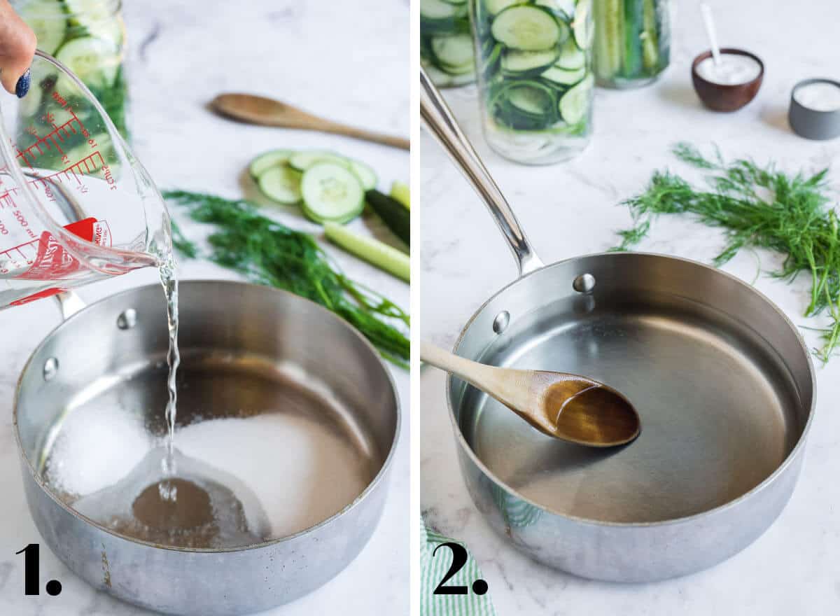 2 image collage showing how to make the vinegar solution for refrigerator pickles. 1- add salt, sugar, water, and vinegar to a saucepan; 2- heat over low heat, stirring, until salt and sugar is dissolved.