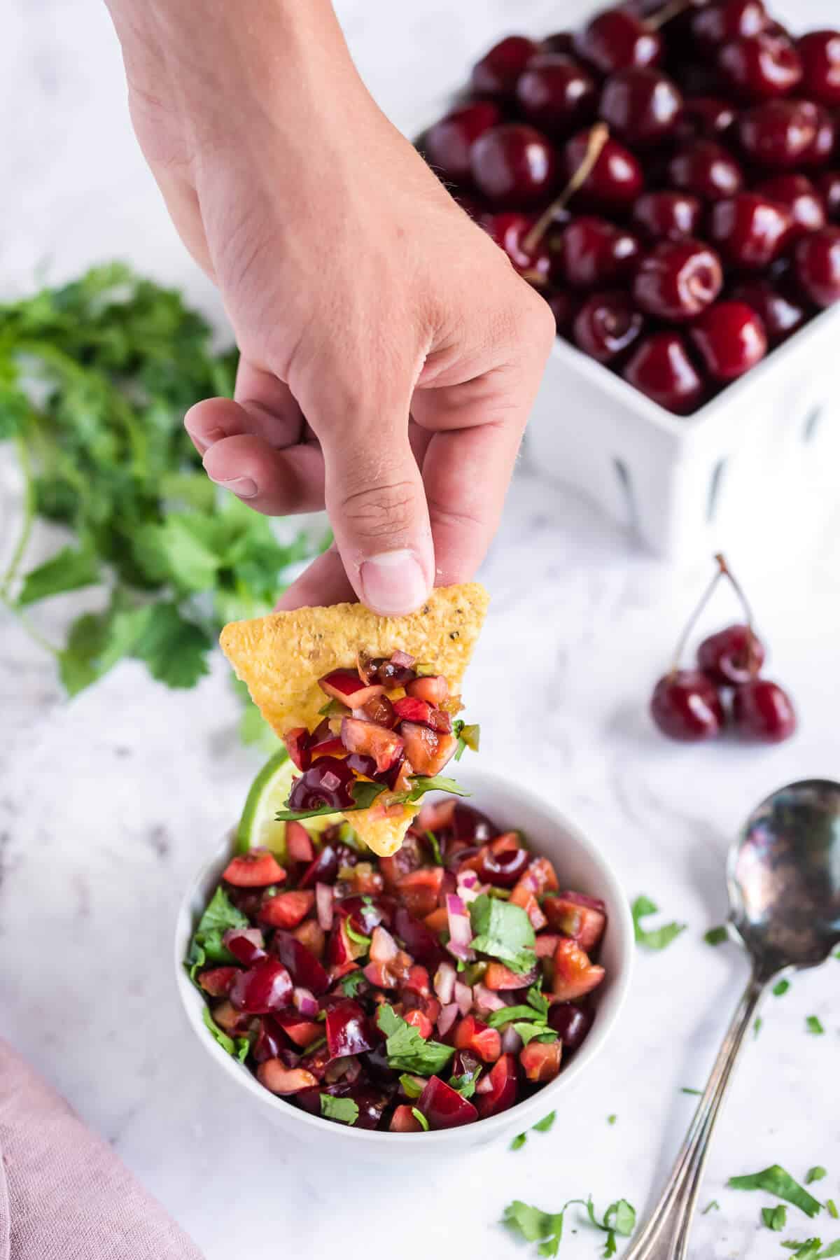 Hand holding a chip with a mound of cherry salsa on it.