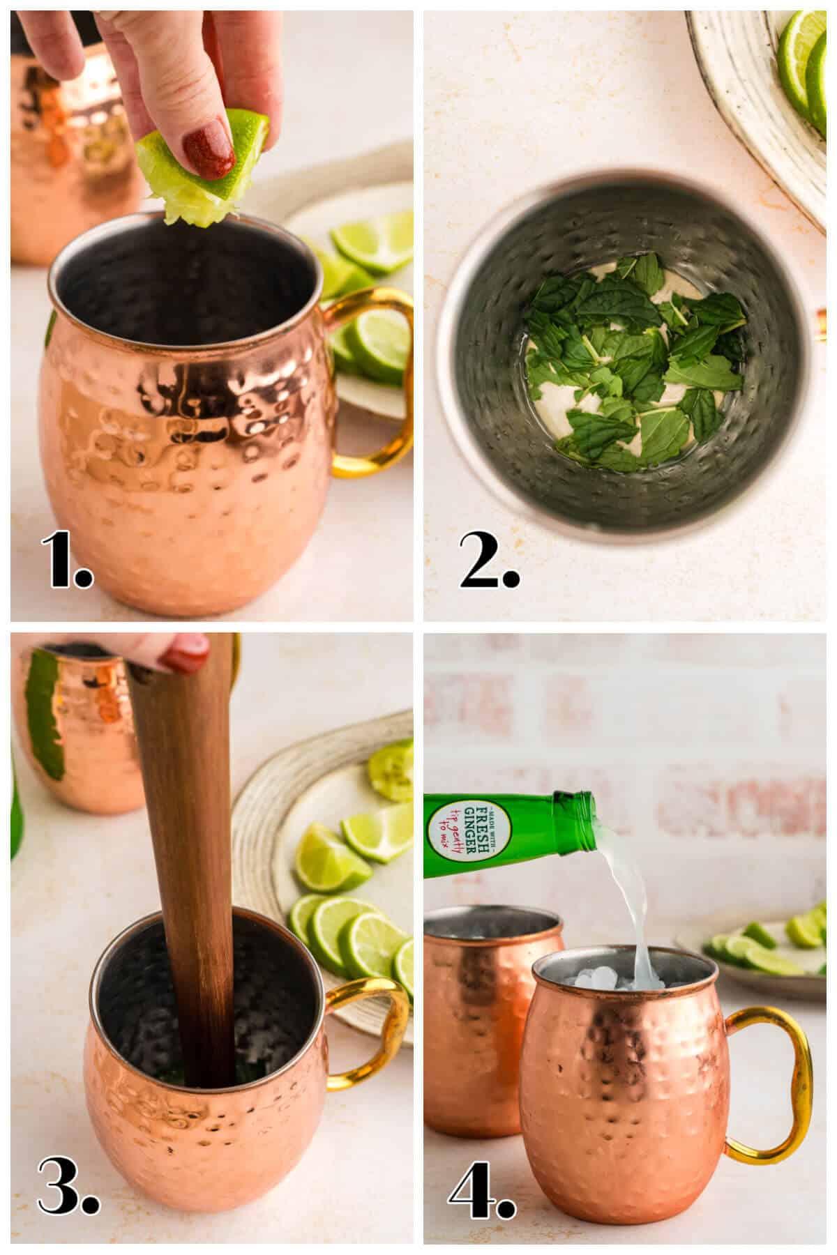 4 picture collage showing the steps to make a moscow mule.