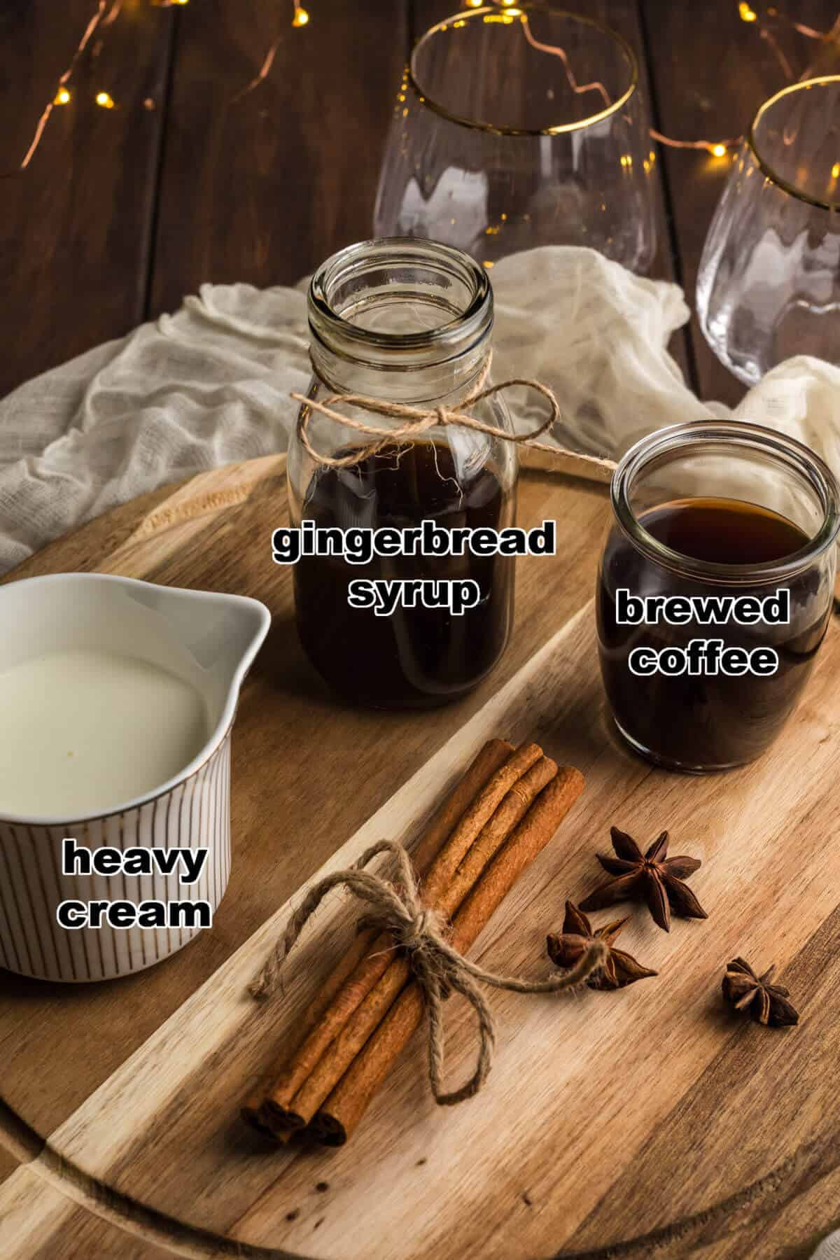 Ingredients to make a non-alcoholic gingerbread White Russian.